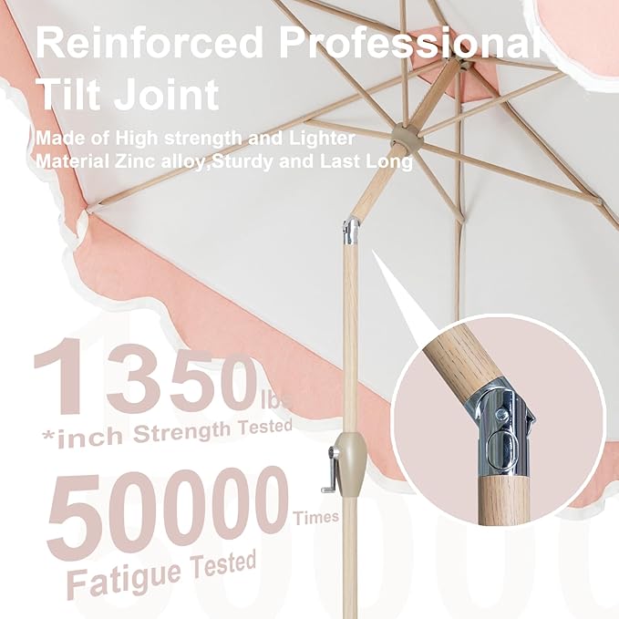 Tempera 9ft Scalloped Patio Umbrellas with Fringe, Market Umbrellas with Water-Resistant and Fade Resistant Canopy, 1.5" Wood Pole & Button Tilt.