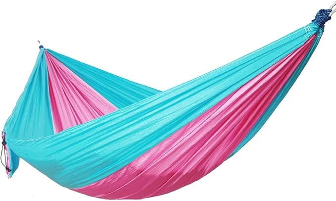 Portable Camping Travel Double Hammock Hanging Bed with Tree Strap, Lightweight Nylon Taffeta, Holds Up to 300kg, Installation, for Outdoor Relaxation (Sky Blue Powder)