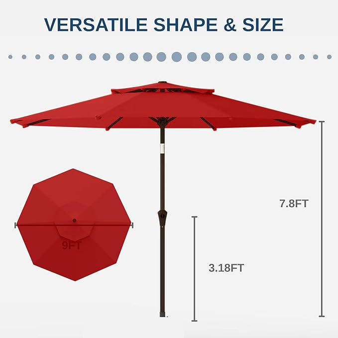 9FT Patio Umbrella 2-Tier Outdoor Market Table Umbrella with Push-Button Tilt & Crank | UPF 50+ & Waterproof for Backyard,Garden,Pool,Deck(Red)