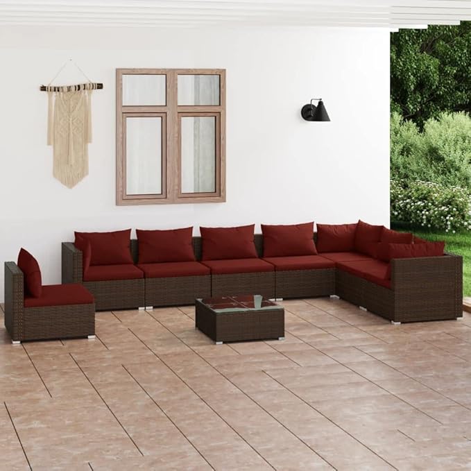 9 Piece Patio Lounge Set with Cushion, Furniture Conversation Sets Piece Patio Set Outdoor Patio Sectional Patio Lounge Set s Poly Rattan Brown