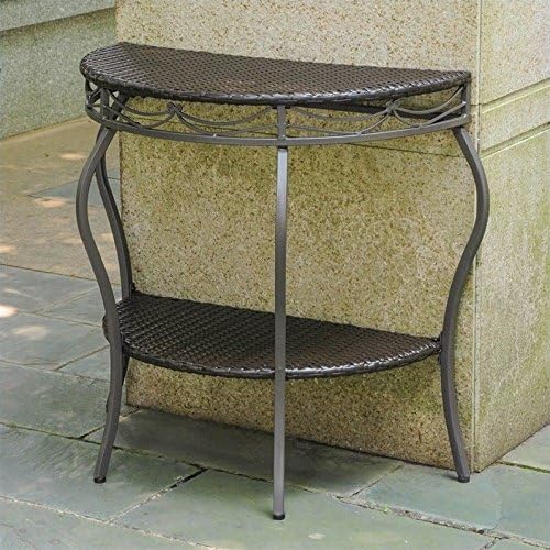 Pemberly Row Half Moon Patio Table, 30 in H x 30 in W x 15 in D, Powder Coated Resin Wicker and Steel, Chocolate Finish, 2-Tier Design, Indoor or Outdoor Use, All Weather and Water Resistant