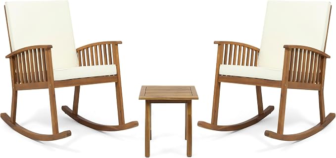 Christopher Knight Home Alabelle Outdoor Acacia Wood 2 Seater Rocking Chair Bistro Set with Side Table, 24.75 "W x 38.25 "D x 37.25 "H, Brown + Teak + Cream