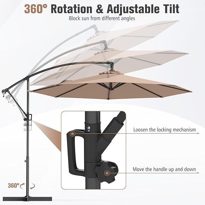 Tangkula 10 FT Patio Offset Umbrella, Hanging Cantilever Umbrella w/X-shaped Base & 360° Rotation, Smooth Crank Handle, Vented Top, Outdoor Market Umbrella for Backyard, Deck (Coffee)