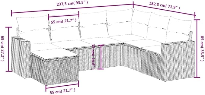 7 Piece Patio Sofa Set with Cushions, Outdoor Dining Sets Porch Furniture Set Patio Conversation Set Sectional Sofa for Exhibition Negotiation Area Poolside Piazza Black Poly Rattan