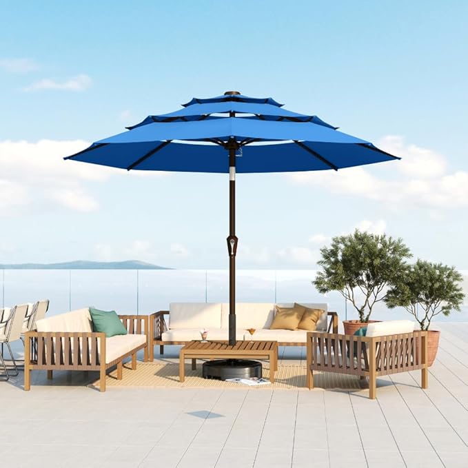 10FT Patio Umbrella 3 Tiers Outdoor Market Umbrella w/Push Button Tilt, Crank, UV and Waterproof Table Umbrella for Garden, Pool, Backyard, Deck, Lawn, Royal Blue