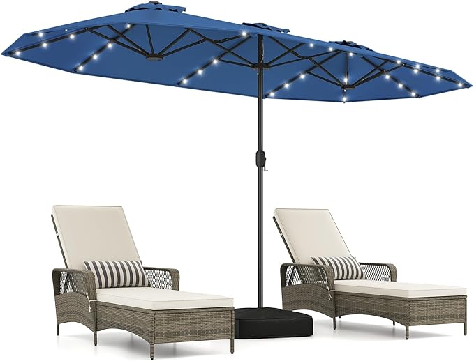 Tangkula 13FT Double-Sided Solar Patio Umbrella, Extra-Large Outdoor Twin Umbrella with 36 LED Lights, Vented Top, Crank Handle, 12 Ribs, Weighted Base Included for Backyard Poolside Deck (Navy)