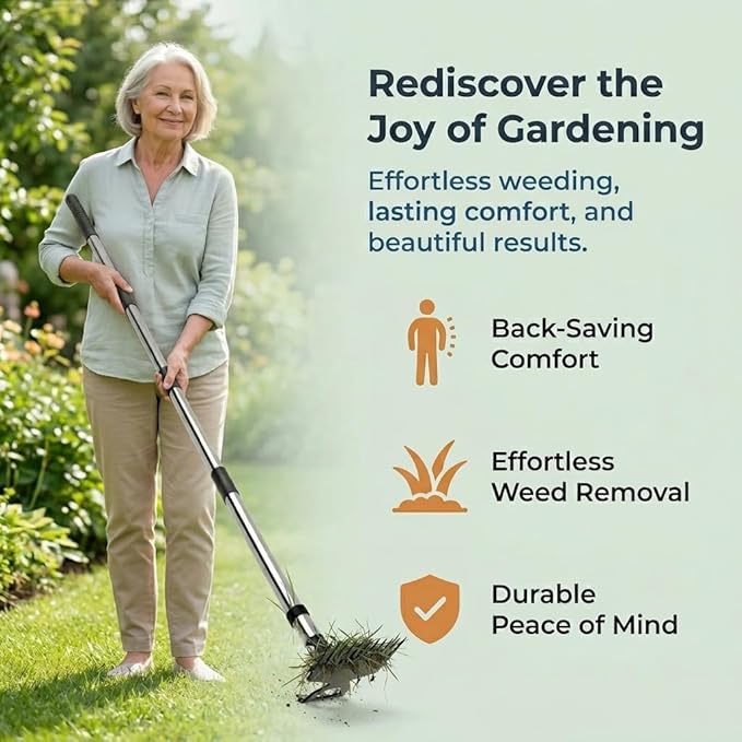 Premium 45.67" Standing Hand Weeder: Long Handle Hoe with Non-Slip Rubber Grip. Portable Root Puller for Yard, Lawn & Patio. Multi-Functional Soil Tiller & Digging Tool for Back-Saving Gardening.