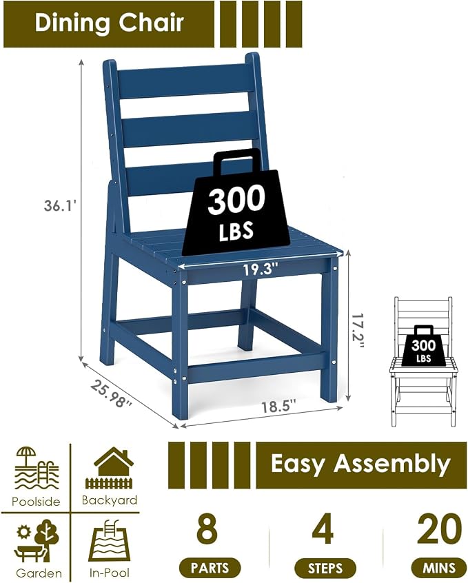 GREENVINES Patio-Chair | Outdoor Dining Chairs Set of 2 | HDPE Plastic | Armless |All Weather | for Backyard Deck Poolside Garden | Blue