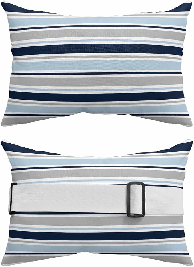 Pack of 2 Outdoor Lumbar Pillow Covers 12x20 Inch, Navy Blue Gray Striped Waterproof Throw Pillow Covers Set, Farmhouse Stripes Modern Abstract Art Outside Decorative Cushion Cases for Patio Porch Car
