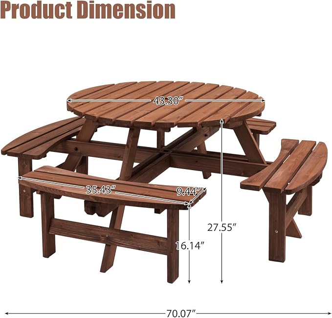 HRVEOCEI 8-Person Round Picnic Table with 4 Built-in Benches & Umbrella Hole, Wooden Picnic Tables for Outdoors, Patio, Backyard, Garden, 70"X70"X27", 2220lb Capacity (Round, Brown, 8-Person)