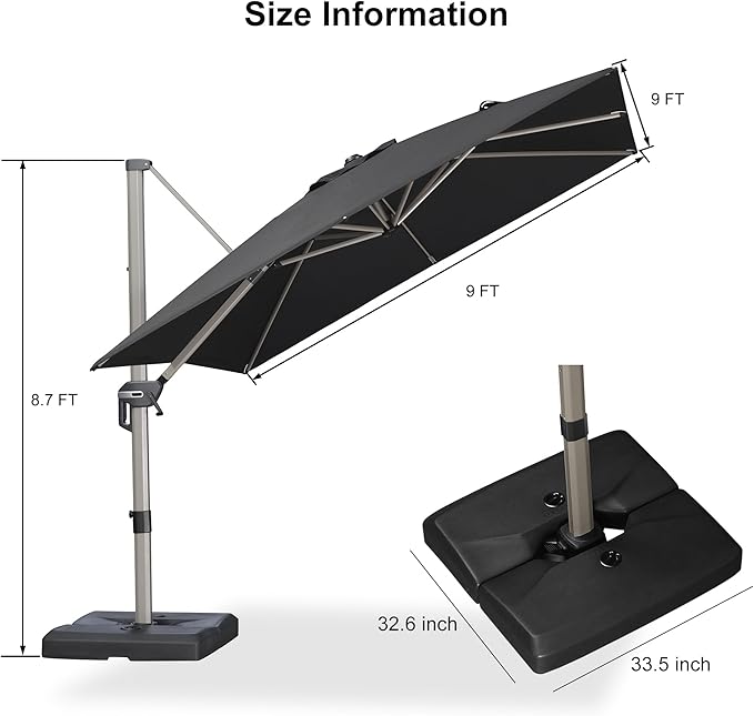 PURPLE LEAF Patio Umbrella with Base Included, 9ft Outdoor Aluminum Cantilever Umbrella with 360° Rotation, Aluminum Large Offset Umbrella for Outdoor Garden Pool, Black