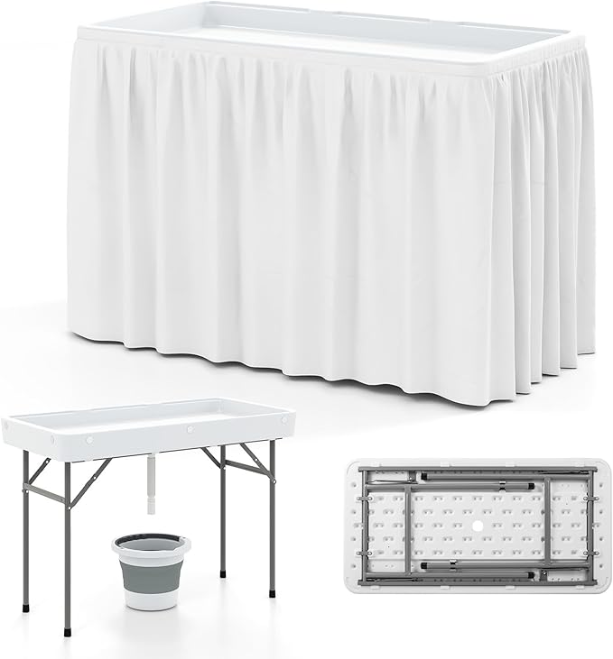 S AFSTAR Folding Ice Table, Ice Cooler with Matching Skirt, Drain Plug, Hose & Foldable Bucket, Portable Bin Table for Picnic, Tailgate Party, Wedding, Camping
