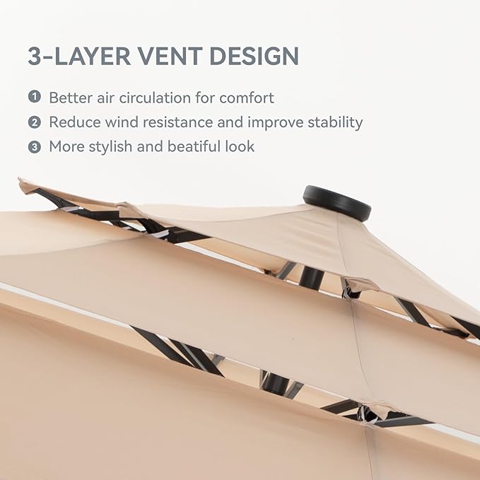 GREEN PARTY 10ft Patio Umbrella with Solar Lights, Auto-Tilt Lighted Market Table Umbrellas with Crank, 8 Sturdy Ribs & 1.5" Pole outdoor umbrellas for Patio Garden Deck Backyard Pool, Beige