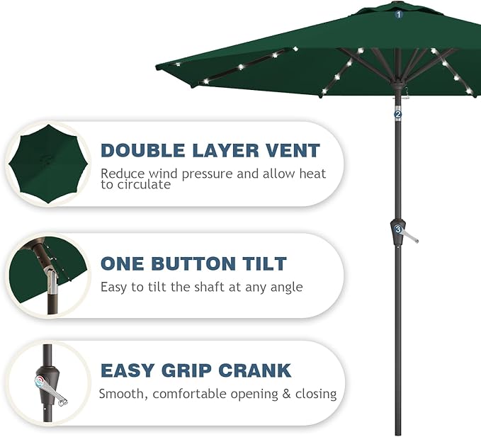 9FT Patio Umbrella with Solar Lights,Outdoor Market Umbrella with Tilt and Crank, LED Lighted Table Umbrella for Garden,Deck,Backyard,Pool,Beach (Dark Green)