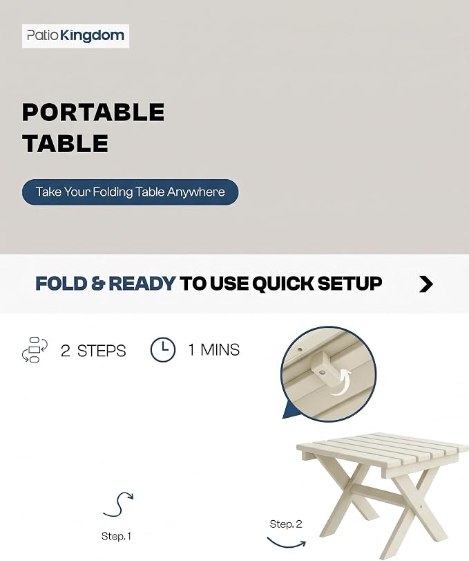 Outdoor Folding Side Table, Lightweight & Space-Saving Design, All-Weather HDPE Material, Realistic Wood-Grain Finish (White,1 Table)