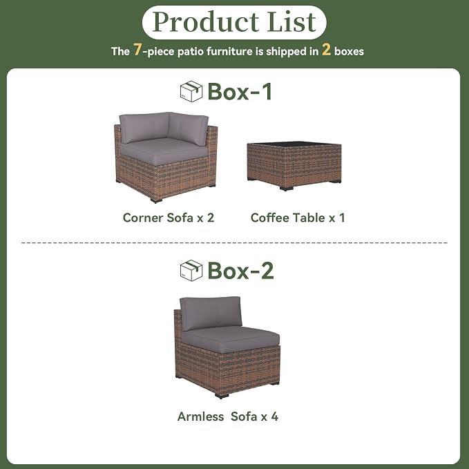 Aoxun 7 Piece Patio Furniture Set Wicker Rattan Patio Conversation Set Outdoor Sectional Sofa Set with Coffee Table and Thickened Cushions, Grey