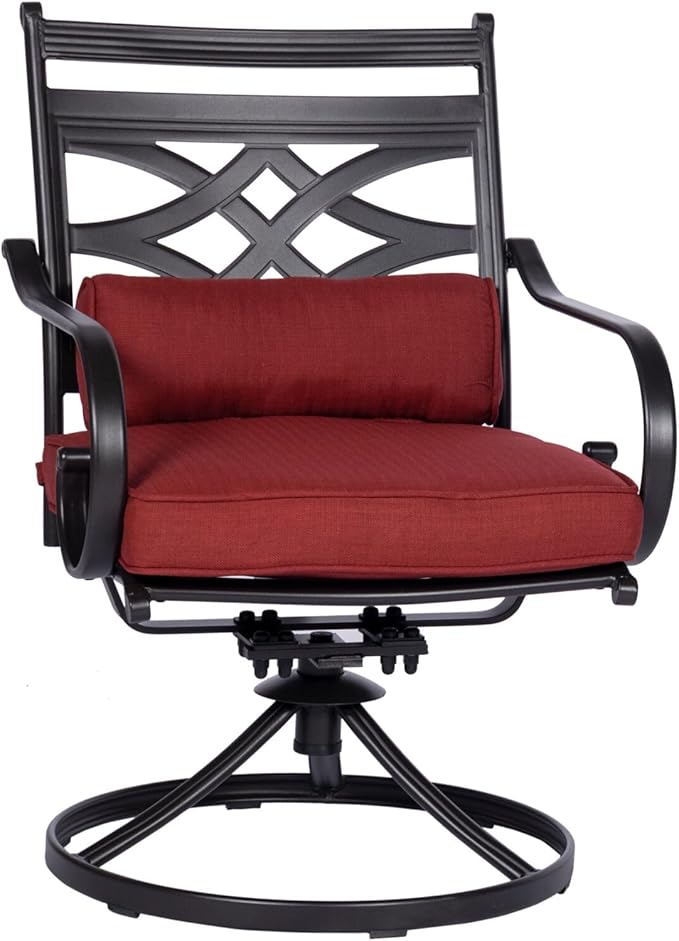 Hanover Montclair 3-Piece Patio Conversation Set, 2 Swivel Rocker Chairs with Comfortable Seat and Lumbar Cushions, 27" Square Stamped Rectangle Table, All-Weather Outdoor Bistro Set