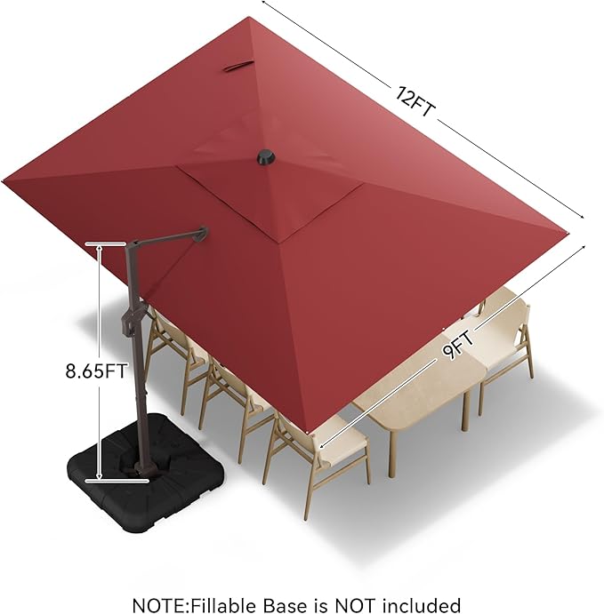 9x12 FT Cantilever Patio Umbrella, Large Rectangular Offset Outdoor Umbrella with 360° Rotation, Heavy Duty Shade Umbrella for Garden Backyard Deck Poolside Courtyard, Red
