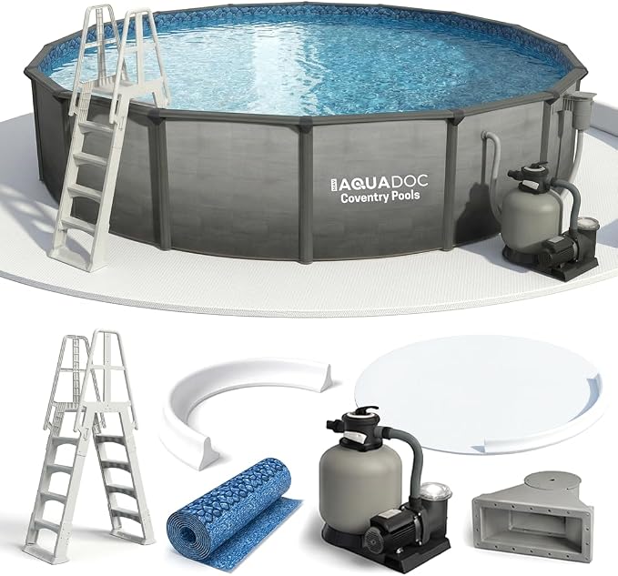 AquaDoc Coventry Round Steel Wall Above Ground Pool Kit 15' x 52" in Pewter Gray Finish with Sand Filter, Ladder, Skimmer, 25 Gauge Liner, Floor Pad and Cove Elite Package - Made in North America