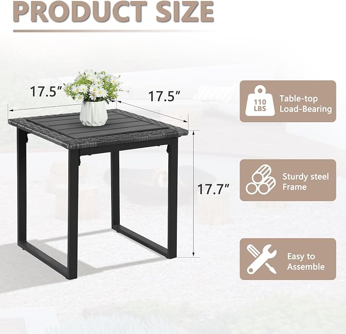 Wicker Outdoor Side Table for Patio Set of 2, 2 PCS Square Rattan Outdoor End Tables for Outside Porch Lawn Garden Balcony Pool Bistro, Black