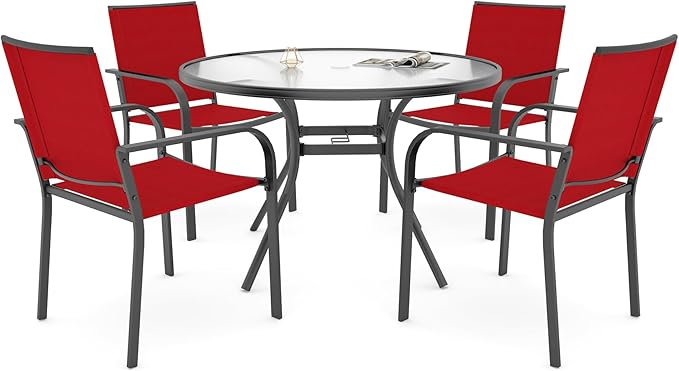 Anmutig 5-Piece Outdoor Patio Dining Set, 40-Inch Round Glass Table with 4 Stackable Chairs, Cherry Red