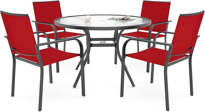 5 Piece Outdoor Patio Dining Set with 40" Round Glass Table, Red Chairs | 4 Piece Stackable Chairs Textilene Seat and Back, Table and Chair with Metal Frame, Round Glass Table Top, 1.7" Umbrella Hole