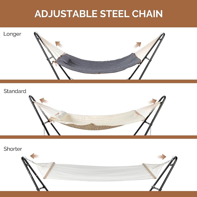 Outdoor Hammock with Stand Set,Double-Barrel Hammocks,Heavy Duty Adjustable Hammock Set,Hammocks Swing Chair Stand,with Soft Pillow,for Outside, Patio, Yard, Garden, Backyard, Camping (Beige)