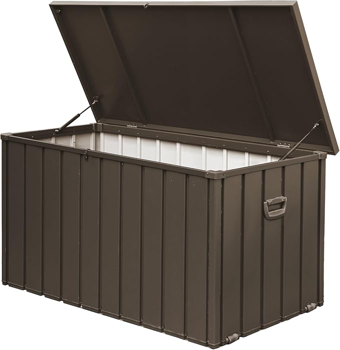 200 Gallon Outdoor Storage Deck Box with Lockable and Mobile Roller, Large Steel Container Bin with Waterproof and UV Resistant for Patio, Garden, Dark Brown