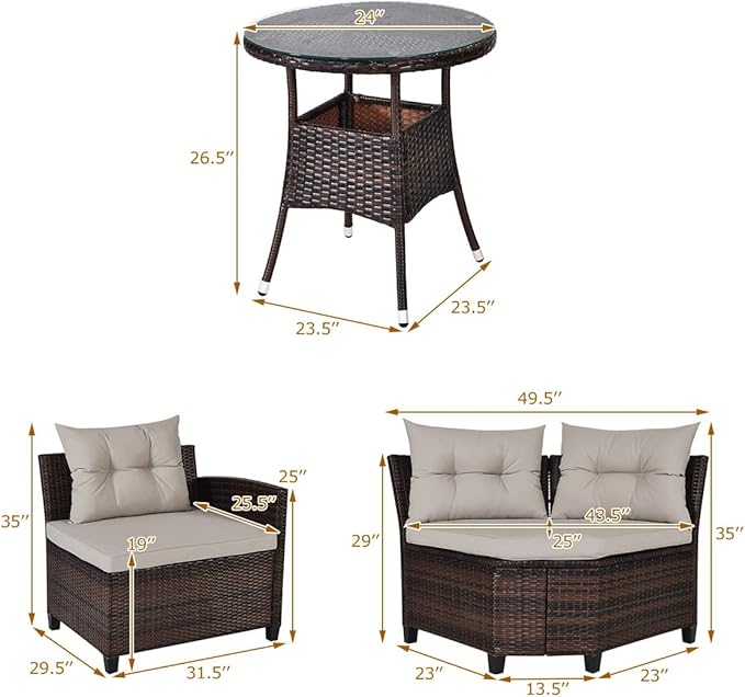HAPPYGRILL 4 Pieces Curved Outdoor Sofa Set Rattan Wicker Patio Furniture Set with Coffee Table & Cushions Modern Conversation Set Curved Sofa Set for Garden Poolside Balcony