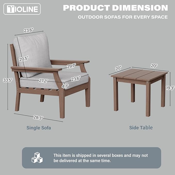 HDPE Patio Conversation Set, 3-Piece All Weather Outdoor Furniture Set with 2 Single Sofas for Deck, Lawn, with Cushion, Brown