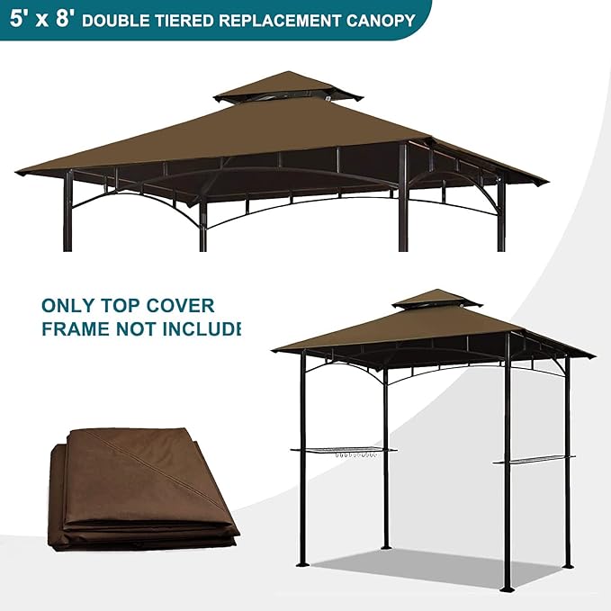 Grill Gazebo Replacement Canopy Top - Wonwon 5x8 Gazebo Roof Double Tiered Outdoor BBQ Roof Cover Grill Shelter Only Fit for Model L-GG001PST-F (Brown)