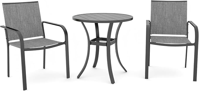 Anmutig 3-Piece Outdoor Dining Set, Small Metal Bistro Table with 2 Stackable Sling Chairs, 27.5 x 27.5 Inch Round Table, Grey Fabric