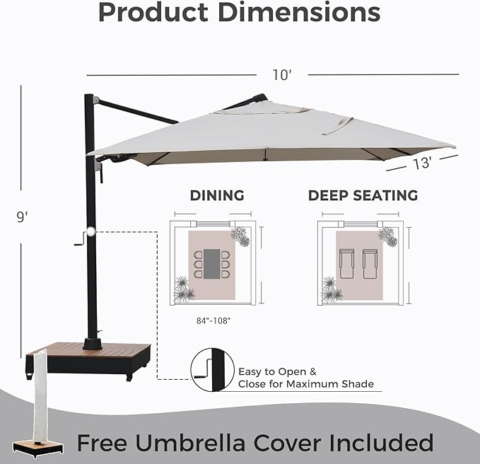 Grand patio 10x13 FT Patio Umbrella with Base, Acrylic Outdoor Cantilever Aluminum Umbrellas, Rectangular Offset Umbrellas with Cover for Poolside, Deck, Backyard, Black Umbrella Pole