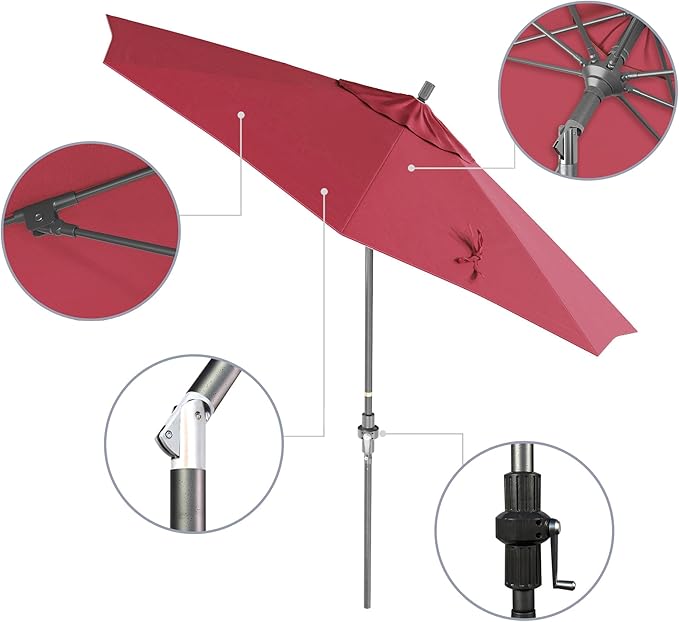 California Umbrella 9' Rd. Crank Lift, Collar Tilt, Aluminum Pole, Fiberglass Rib Patio Umbrella, Hammertone Grey Finish, Sunbrella Hot Pink