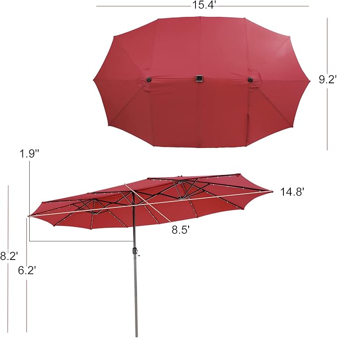Giantex 15 FT Double Patio Umbrellas with 48 Solar LED Lights, Auto-Charging Panel, Crank System, Outdoor Extra-Large Rectangle Market Table Umbrella for Garden Deck Backyard Beach Pool