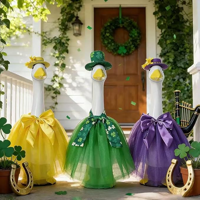 Summer Porch Goose Outfit Set with Floral Dress & Hat for 23" Goose Statue (Green)