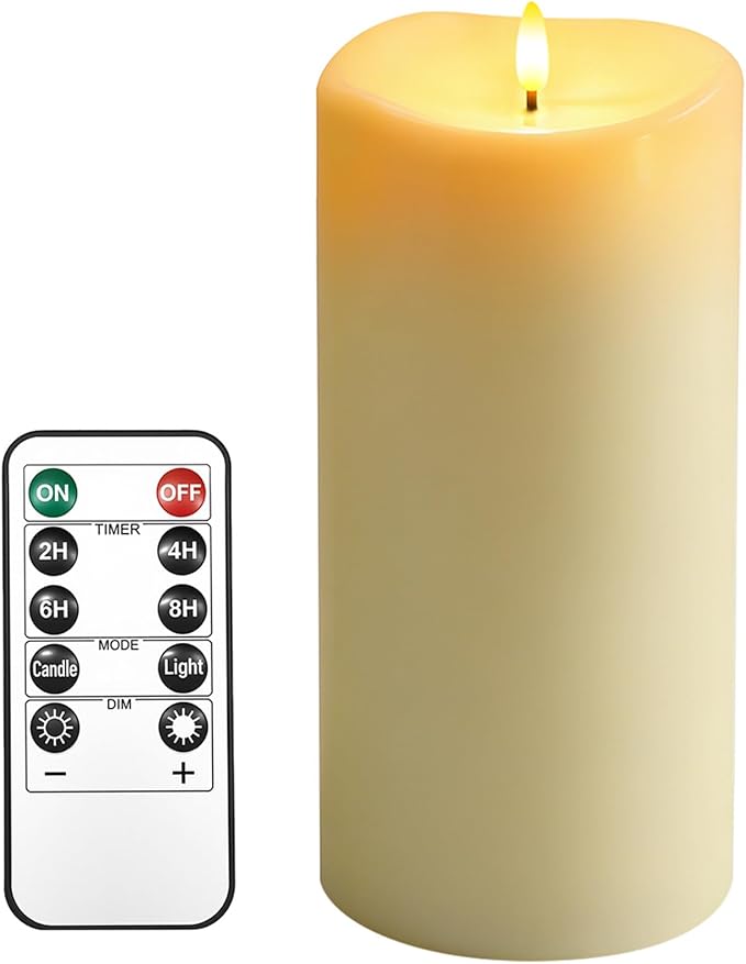 10" x 5" Large Outdoor Candles with Timer Waterproof Flickering LED Flameless Candle Battery Operated with Remote Fake Pillar Candle Realistic for Patio Porch Lantern (Ivory)