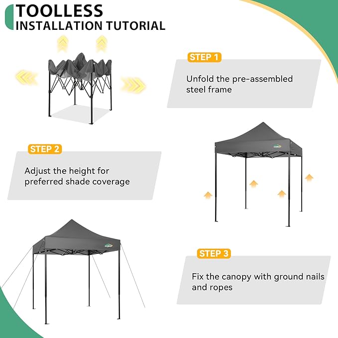 COBIZI 6.6x6.6 Heavy Duty Pop up Canopy Tent Without Sidewalls, Easy Set-up Commercial Outdoor Party Tent, 100% Waterproof Wedding Canopy Gazebo, 3 Height Adjustable with Carry Bag, Gray