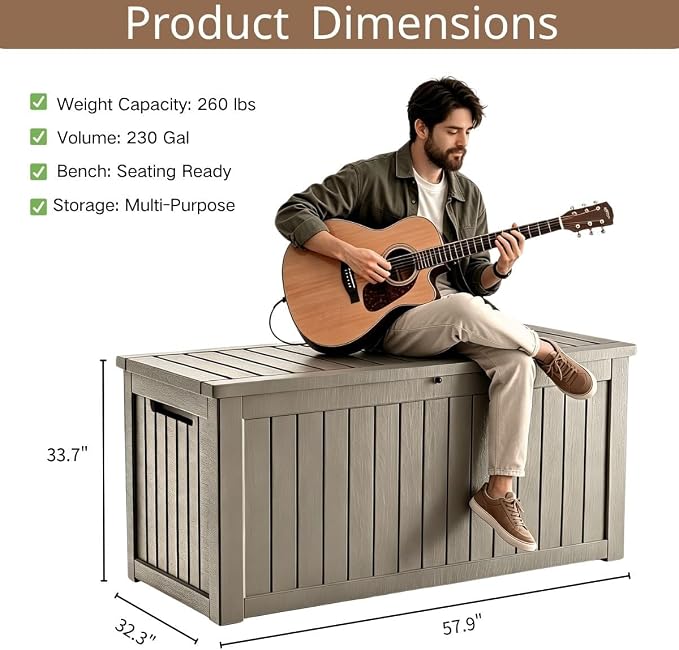 270 Gallon Outdoor Storage Box, Waterproof Resin Deck Container with Lockable Lid, Patio Organizer for Cushions & Garden Tools, Slate Grey