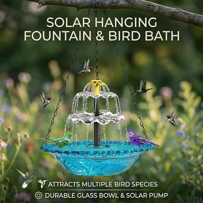 Solar Cascade Hanging Bird Bath Fountain, Solar Powered Hanging Bird Bath with Glass Bowl, Outdoor Hanging Birdbath Water Fountain for Hummingbirds, Garden Patio Yard Decor, Blue (red)