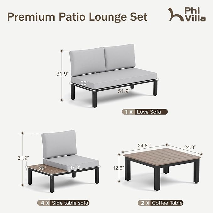 PHI VILLA 7 Pieces Outdoor Patio Furniture Set,Metal Frame Modern Outdoor Sectional Sofa Set,6 Seats Patio Conversation Sets with Coffee Table&Thickened Cushion,for Poolside and Backyard,Light Grey