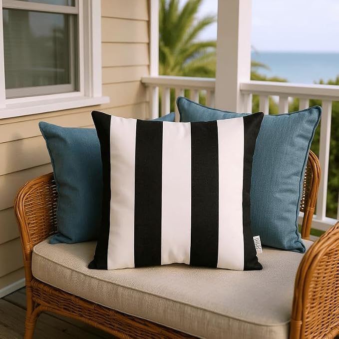 RSH DECOR Set of 4 Square and Lumbar Accent Pillows Indoor/Outdoor All Weather Polyester Fabric Reversible 17" x 17" & 20" x 12" Black & White Stripe with Premium Polyester Fiber Fill - Made in USA