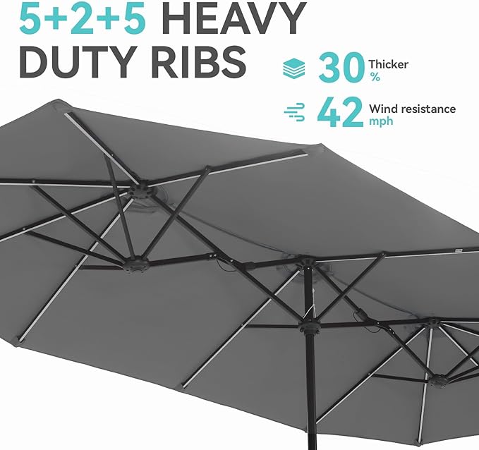 GREEN PARTY 13ft Outdoor Patio Umbrella with Solar Lights, 120 LED 12-Mode Large Double Sided Rectangular Table Umbrella, Heavy Duty Triple-Head Shade for Backyard Deck & Poolside, Gray(No Base)
