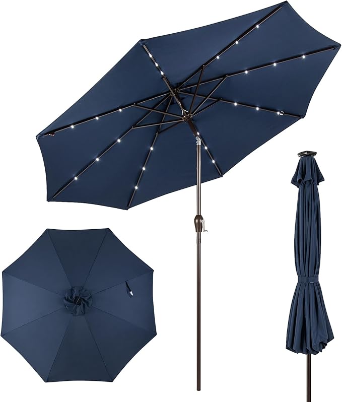 Giantex 9ft/10ft Outdoor Patio umbrella with Solar Lights, Table Market Umbrella with Crank and Push-button Tilt System, Solar LED Lighted Patio Umbrella for Backyard Deck Pool Beach