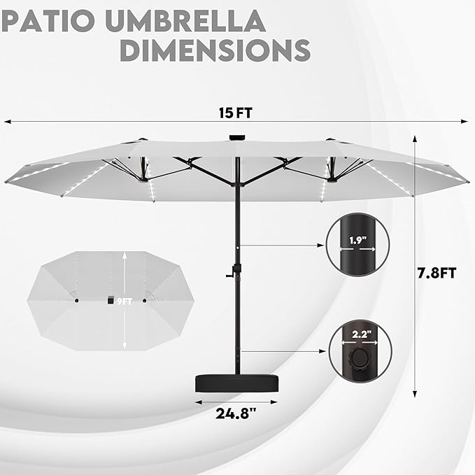 GDPFN 15ft Rectangular Patio Umbrella with Solar LED Lights, Double-Sided Outdoor Market Umbrella with Base Included, Extra Large Shade for Pool, Deck, Backyard, Garden, Light Gray