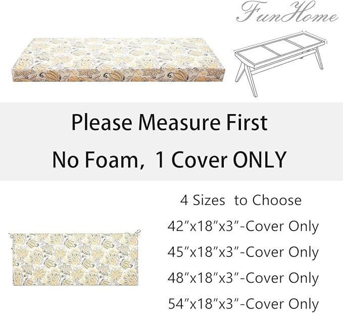 FUNHOME Outdoor Bench Cushion Cover 45 x18 x 3 inch,Water Resistant Cover with Zipper&Ties,Fade-Resistant Slipcover,Patio Porch Swing Cushion Cover Replacement Only,No Insert(Yellow Flower)