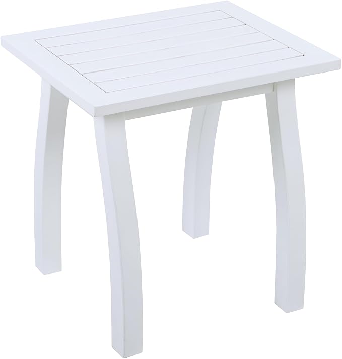 Acacia Wood Outdoor Side Table, Weather Resistant Slatted Design Patio Coffee End Table, Decorative Decorated Accent Table for Balcony Beach Poolside, Natural Stained (White PU + Acacia Wood)