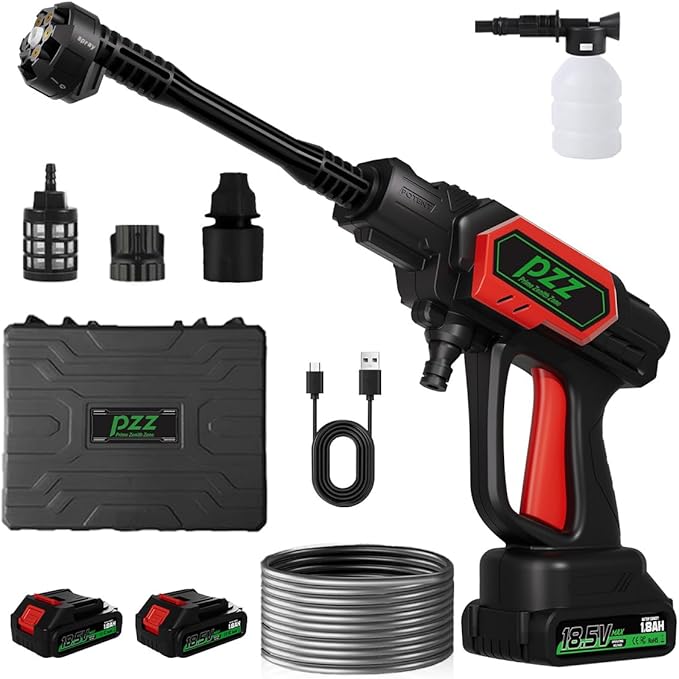 PZZ Cordless Pressure Washer, 1000 PSI Portable Power Cleaner with Dual 18.5V Batteries, 6-in-1 Nozzle & 17FT Hose, Lightweight Battery Powered Car Washer for Patio, Garden & Outdoor Cleaning (Red)