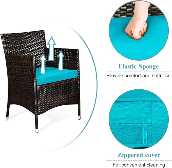 4 Pieces Patio Sofa Set, Wicker Conversation Set with Ergonomic Curved Backrest, Rattan Furniture Set with Water-Resistant Cushion & Tempered Glass Table for Balcony, Porch (Turquoise)
