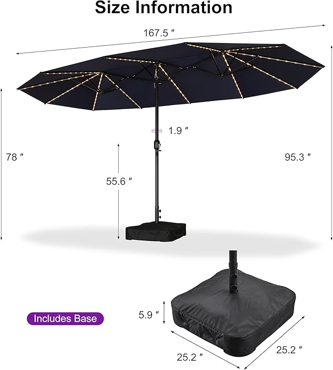 PURPLE LEAF 14ft Patio Market Umbrella with Solar LED and Base Double-Sided Rectangle Outdoor Table Sun Umbrellas with Crank for Pool Beach Deck Backyard Navy Blue